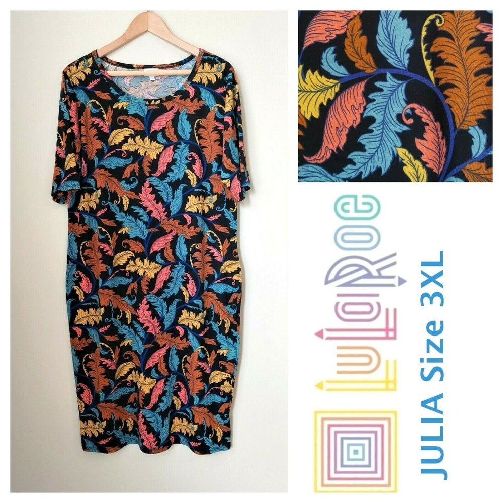 LuLaRoe Julia Dress- Blue w Multi Leaf Print